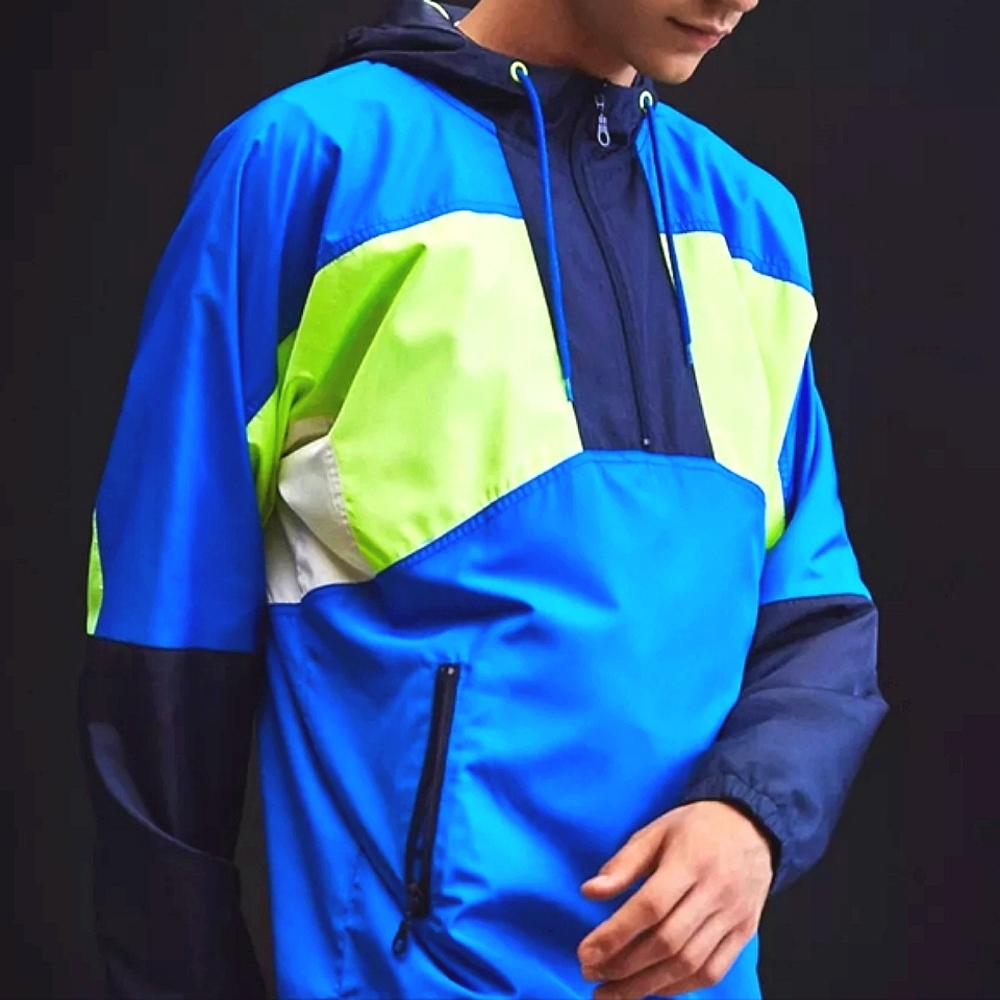 UO 80s Retro Blue Neon Green Colorblock Anorak Windbreaker Unisex Light Jacket S